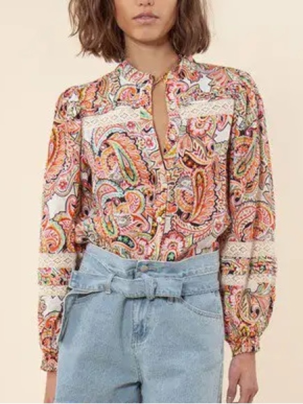 Hale Bob Linen Paisley Button-Up Blouse Top